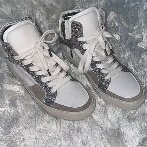 Zadig & Voltaire White/Grey Canvas and Suede Glitter High Top Sneakers